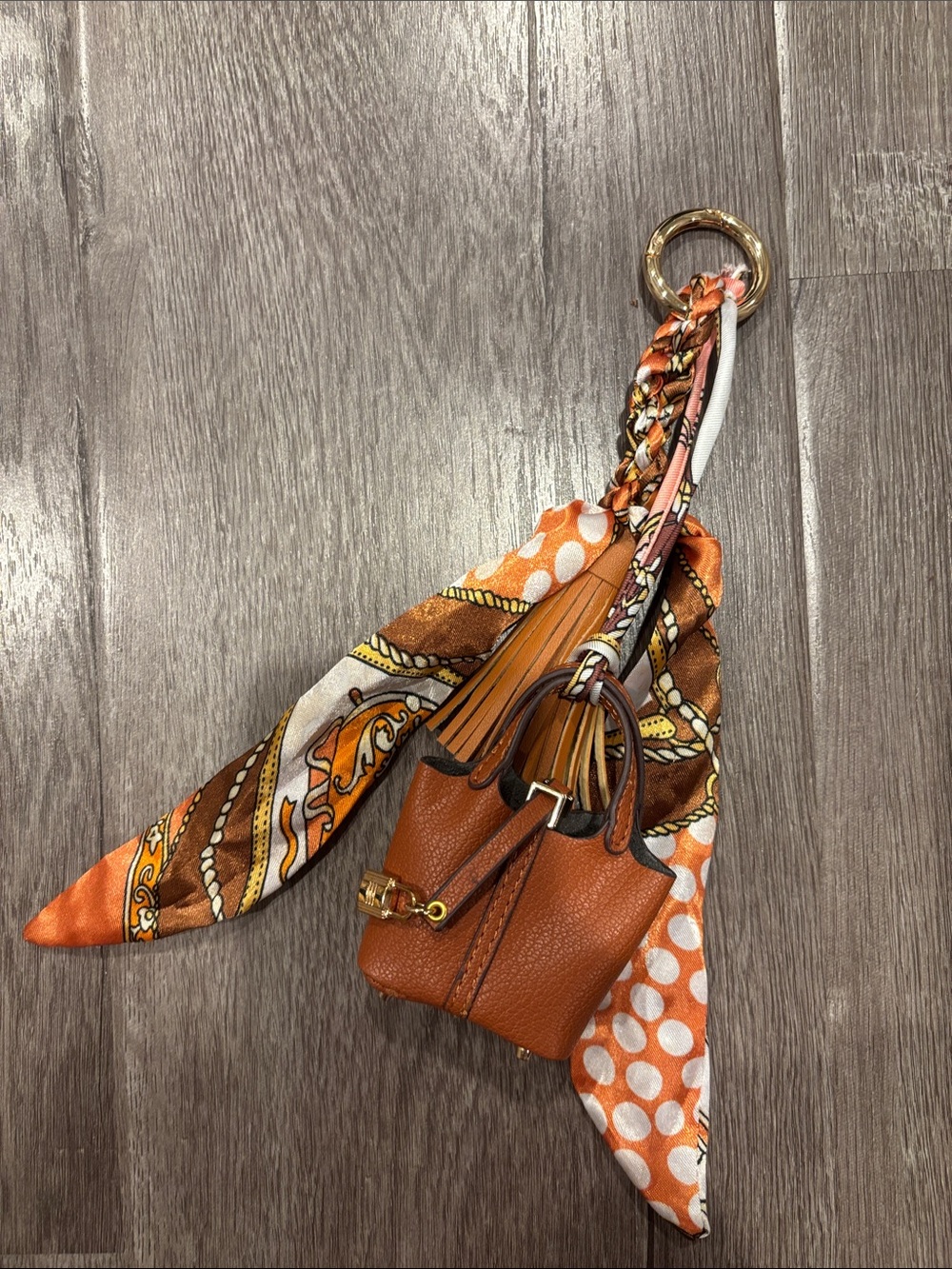 Mini Handbag Keychain Charm with Twilly Scarf & Tassel – Brown